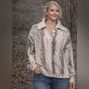 POL Oversized Cable Knit Sweater Collared Button Neck Gray Cream Cozy Chunky